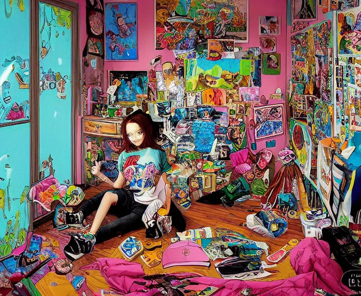 Prompt: highly detailed colorful illustration of a teenager in her room in the 9 0's, clean shaped illustration by kim jung gi, ron english and eiichiro oda