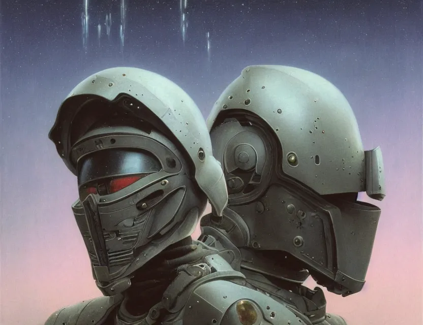 Image similar to a detailed portrait painting of a lone bounty hunter wearing combat armour and a reflective visor. Head and chest only. Movie scene, cinematic sci-fi scene. Flight suit, cloth and metal, accurate anatomy. portrait symmetrical and science fiction theme with lightning, aurora lighting. clouds and stars. Futurism by beksinski carl spitzweg moebius and tuomas korpi. baroque elements. baroque element. intricate artwork by caravaggio. Oil painting. Trending on artstation. 8k