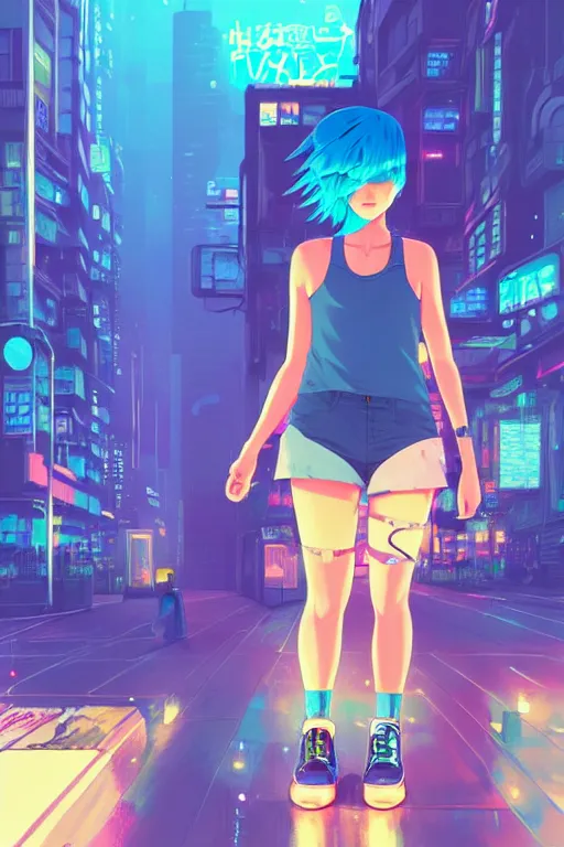 Image similar to digital illustration of cyberpunk pretty girl with blue hair, wearing a tank top and shorts, wearing nike air mags, full body pqkose, in city street at night, by makoto shinkai, ilya kuvshinov, lois van baarle, rossdraws, basquiat