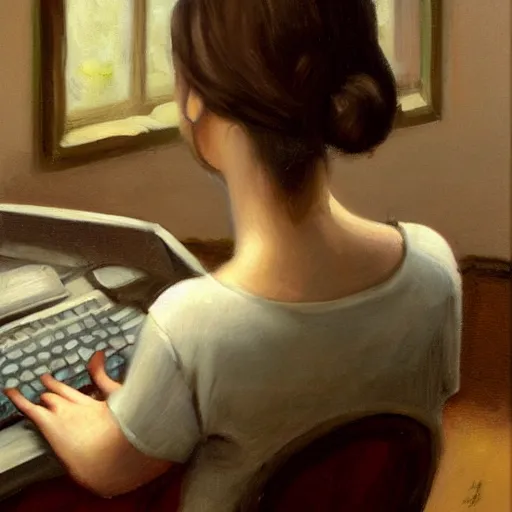 Prompt: oil painting, full room view, skinny female artist back view, dark hair, pale grey babydoll dress with 3d flowers, typing on a computer keyboard facing a giant wall size computer screen