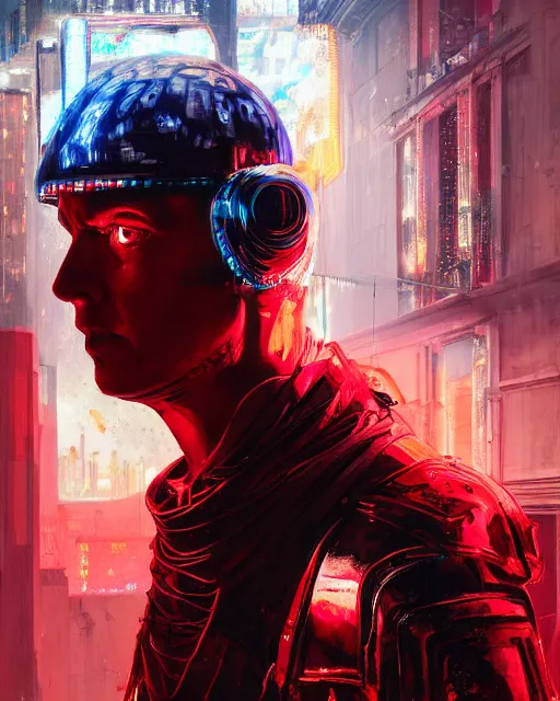 Image similar to detailed portrait Neon Emperor Nero, cyberpunk futuristic neon, reflective red coats, decorated with traditional Rome ornaments, burning Circus Maximus behind by Ismail inceoglu dragan bibin hans thoma greg rutkowski Alexandros Pyromallis Nekro Rene Maritte Illustrated, Perfect face, fine details, realistic shaded, fine-face, pretty face