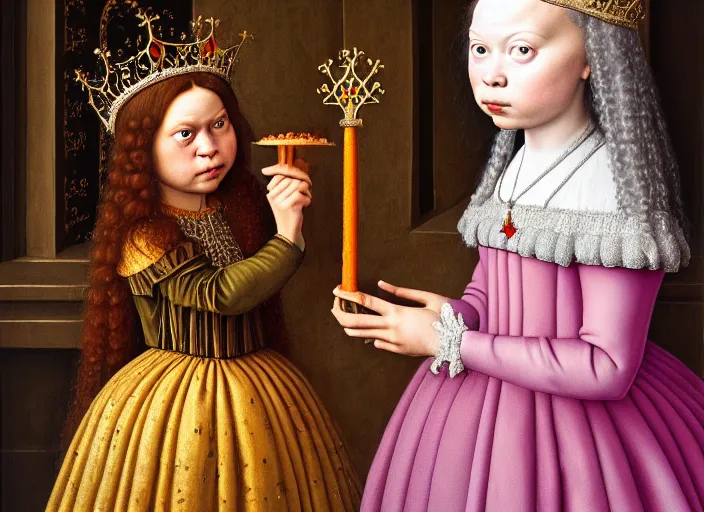 Prompt: closeup profile medieval jan van eyck portrait of greta thunberg as a fairytale princess wearing a crown eating cakes in the castle kitchen, nicoletta ceccoli, mark ryden, lostfish, max fleischer, hyper realistic, artstation, illustration, digital paint, matte paint, vivid colors, bright, cheerful, detailed and intricate environment