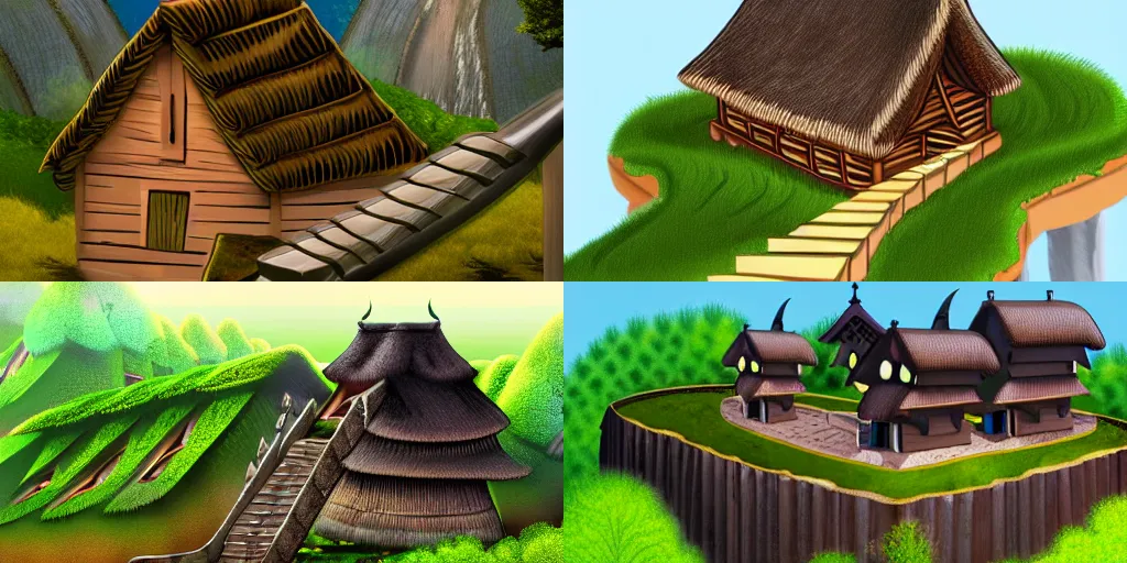 Prompt: A wooden fortress with thatched roof on the top of a mountain, with a waterfall nearby, trending on artstation