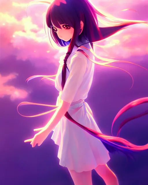 Image similar to anime style, vivid, expressive, full body, 4 k, painting, a cute magical girl with a long wavy black hair, side shot, stunning, realistic light and shadow effects, centered, simple background, studio ghibly makoto shinkai yuji yamaguchi