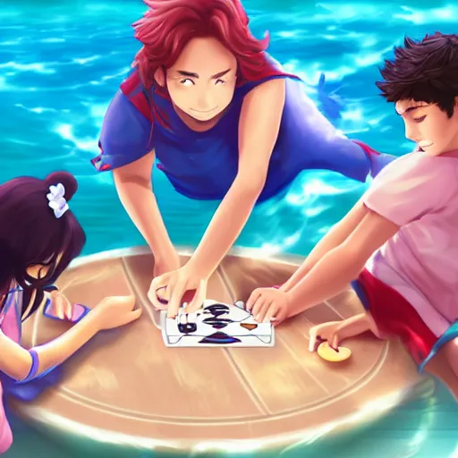 Prompt: aoi asahina and percy jackson playing go fish under the ocean, beautiful digital art