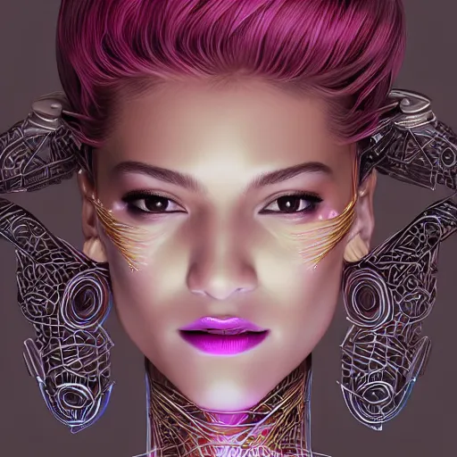 Image similar to the portrait of an elegant, sophisticated, fashionable robotess idol, an ultrafine illustration of young half arab zendaya mix by kim jisu, intricate linework, neon wiring, fashion, porcelain skin, unreal engine 5 highly rendered, global illumination, radiant light, detailed and intricate environment, by rutkowski, artgerm, marvel comics