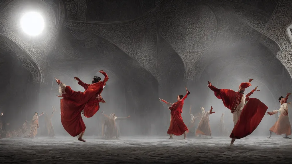 Image similar to tyrkisk sufi dance, sufi, arabic words, bysintine, gothic, 4 k, smokey, michael whelan, peter mohrbache, giovanni paolo panini style epic, volumetric light, insanely detailed, realistic, 8 k, unreal engine render, artstation trends, hyper detail, epic art style, cinematic, concept art, soft white gold lights