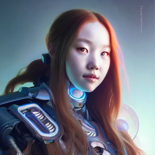 Image similar to portrait painting of a cyborg chuu from loona smiling, ultra realistic, concept art, intricate details, eerie, highly detailed, photorealistic, octane render, 8 k, unreal engine. art by artgerm and greg rutkowski and magali villeneuve and alphonse mucha