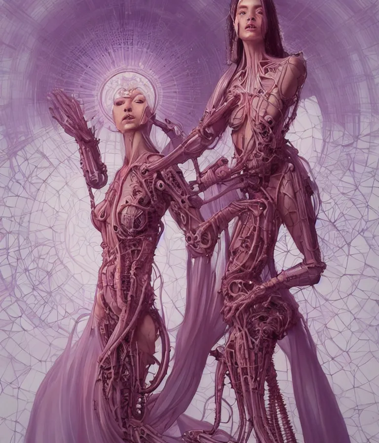 Image similar to fully symmetrical centered portrait of a beautiful princess in robe. artificial muscles, ribcage, bones, hard surface modelling. cyberpunk look. biomechanical mask. bio luminescent biomechanical halo around head. jellyfish. artwork by jarold Sng by artgerm, by Eddie Mendoza, by Peter mohrbacher by tooth wu by alfons mucha, unreal engine, octane render, cinematic light, iridescent details, iridescent colors, dichroic, macro, depth of field, blur