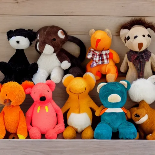 Image similar to a variety of stuffed animals, brown white teal yellow and orange