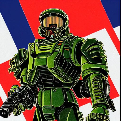 Prompt: doomguy wearing a puerto rican flag, by hayao myazaki, by lee man fong, graphic novel, visual novel, graphite, fountain pen, digital art, comic book, field of view, tones of black in background, oled, insanely detailed and intricate, hypermaximalist, elegant, ornate, hyper realistic, super detailed