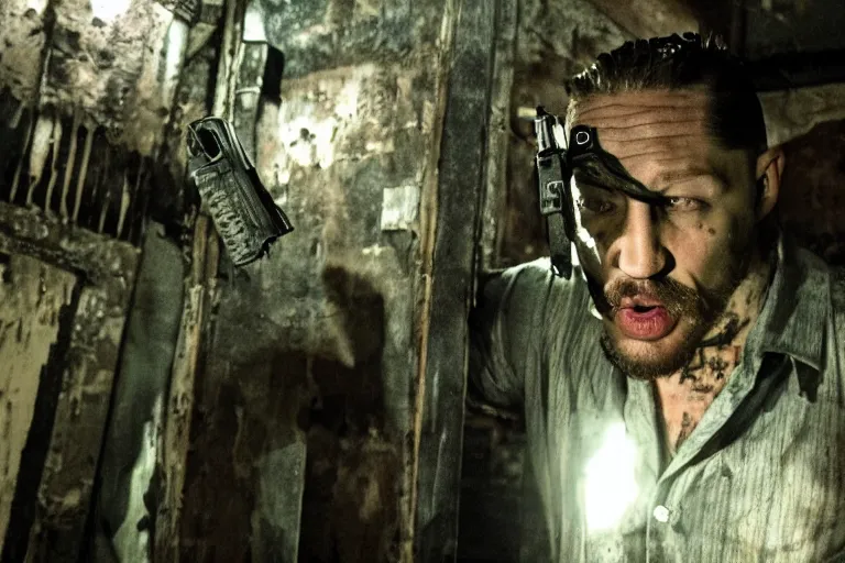 Image similar to film still of Tom Hardy as Max Payne in a creepy funhouse in the Max Payne movie, 4k