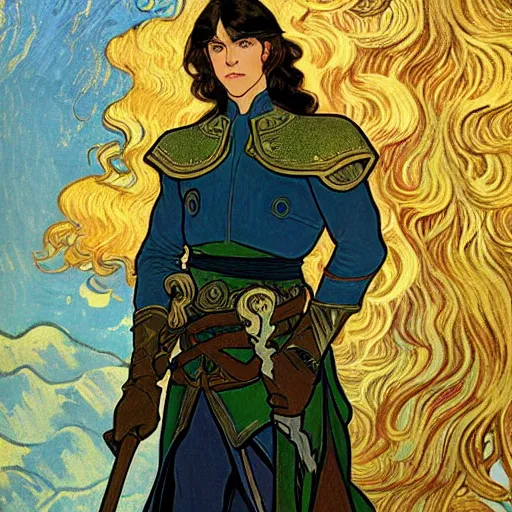 Image similar to portrait painting of young handsome beautiful paladin elf!! man with long! wavy dark hair and blue eyes in his 2 0 s named taehyung minjun james, pale, wearing armor!, gorgeous hair, elf ears, icy eyes, elegant, cute, delicate, soft facial features, art by alphonse mucha, vincent van gogh, egon schiele,