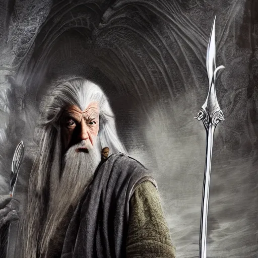 Prompt: detailed digital art of gandalf the grey with the fellowship of the ring in the mines of moria