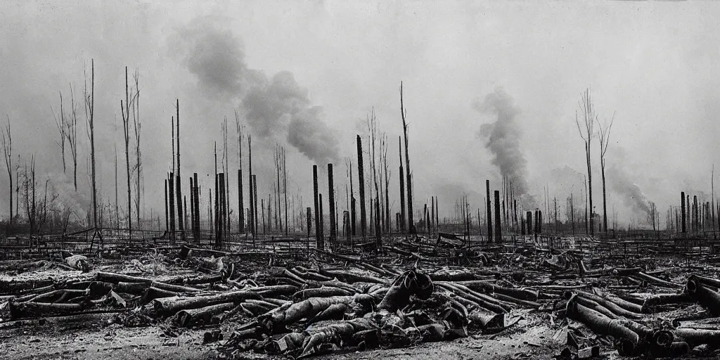 Prompt: industrial city destroying nature, 1 9 2 0 s spirit portrait photography, smoking chimneys, burning trees, cleared dead forest, huge industrial buildings, eerie, dark, by william hope
