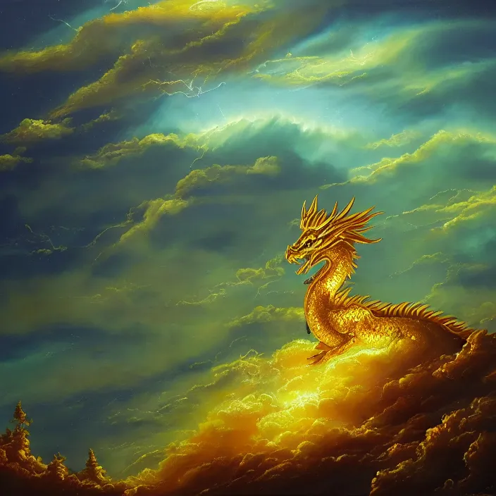 Prompt: beautiful oil painting of single golden eastern dragon in sky, green lightning, night clouds, above forest, high detail, trending on artstation