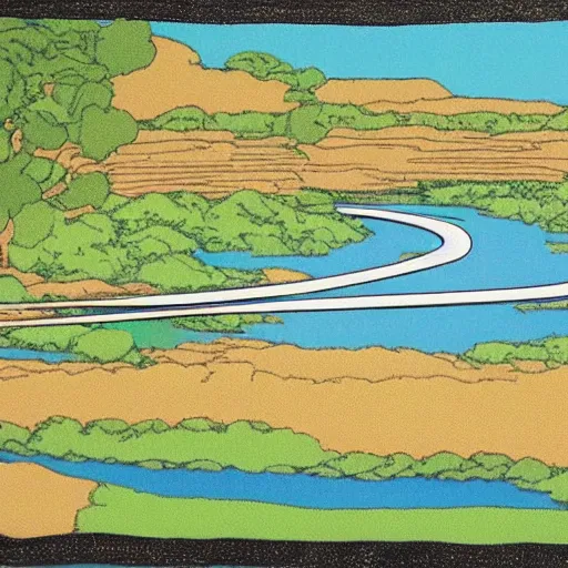 Image similar to a river scene. The river is represented by a line winding through the center of the land art. The banks of the river are represented by two lines, one on each side. Studio Ghibli by John Duncan saturated, improvisational