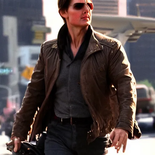 Image similar to a giant tom cruise carries a military jet in his hands while walking through manhatten, 4k, movie poster