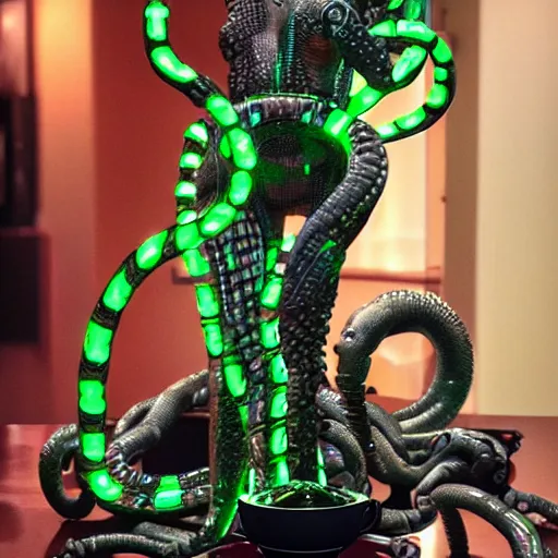 Prompt: real life terminator gorgon medusa with borg implants and robotic snakes coming out of her head sitting at a cafe having a cup of coffee. Tiny green led lights in her cybernetics. very detailed 8k