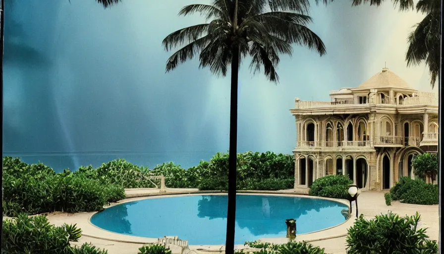 Prompt: A 1985 vintage magazine architecture photo of a mansion, mediterranean architecture, refracted lines and sparkles, thunderstorm outside, beach and tropical vegetation on the background major arcana sky and occult symbols, hyperrealistic 8k uhd, award-winning, 1985