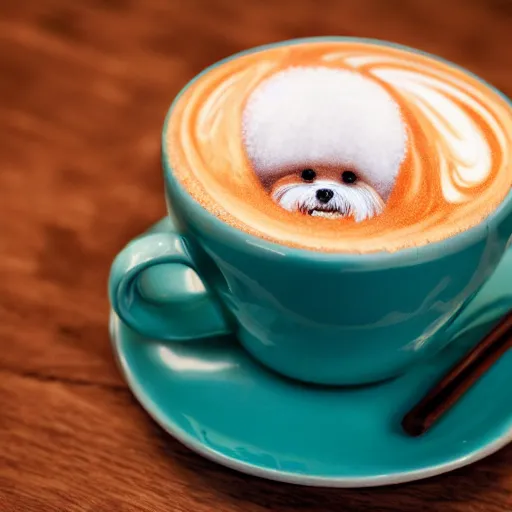 Prompt: a closeup photorealistic photograph of barista drawing bichon frise shaped latte art in a cup. professional capture, well lit shot. this 4 k hd image is trending on artstation, featured on behance, well - rendered, extra crisp, features intricate detail, epic composition and the style of unreal engine.