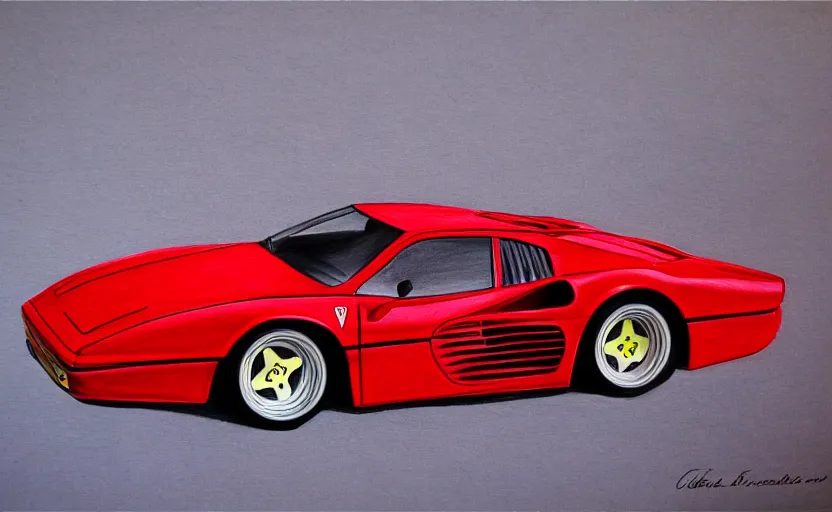 Image similar to a drawing of a red Ferrari Testarossa with wheels and rims, an airbrush painting by Ed Roth, trending on cgsociety, modern european ink painting, matte drawing, airbrush art, detailed painting, 8k