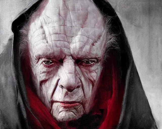 Image similar to portrait of emperor palpatine sidious played by ian mcdiarmid with a big hood, in shades of grey, but with red, by jeremy mann