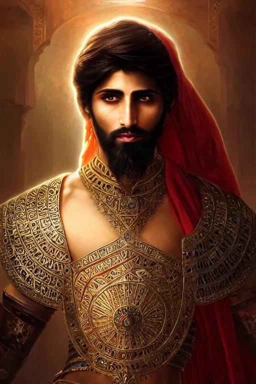 Image similar to Beautiful portrait of a Persian Prince who is a warrior, handsome prince of persia, face painting, attractive young man, persian style architecture, dramatic lighting, intricate, wild, highly detailed, digital painting, artstation, concept art, smooth, sharp focus, illustration, art by artgerm and greg rutkowski and alphonse mucha, footage from space camera