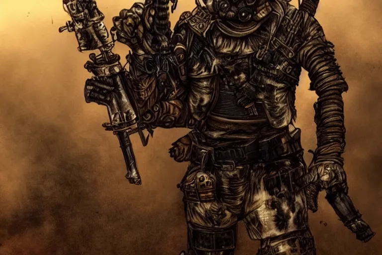 Image similar to a fursona ( from the furry fandom ), heavily armed and armored facing down armageddon in a dark and gritty version from the makers of mad max : fury road. witness me.