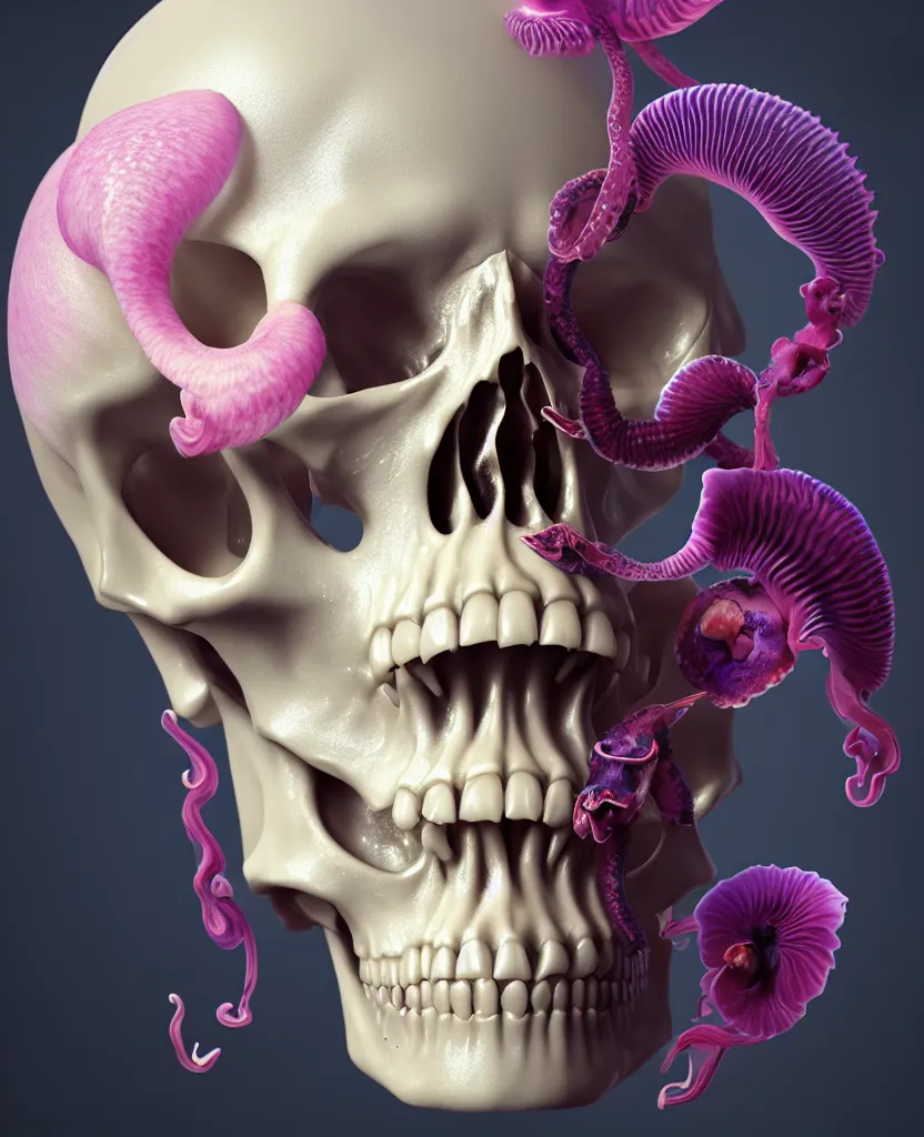 Image similar to goddess close - up portrait human skull, ram skull, squid phoenix jellyfish, orchid, betta fish, bioluminiscent, intricate artwork by tooth wu and wlop and beeple. octane render, trending on artstation, greg rutkowski very coherent symmetrical artwork. cinematic, hyper realism, high detail, octane render, 8 k