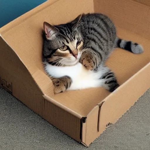 Image similar to a cat sleeping in a cardboard box