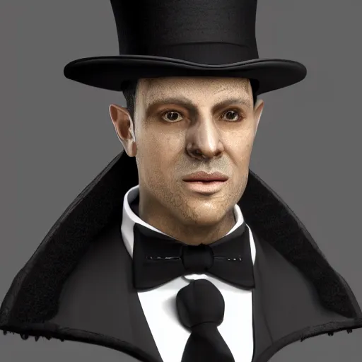 Image similar to a highly detailed portrait of a man in a high top hat covering his face, in a black tailcoat with a yellow waistcoat under the tailcoat, artstation, deviantart, professional, unreal engine 5, photorealistic