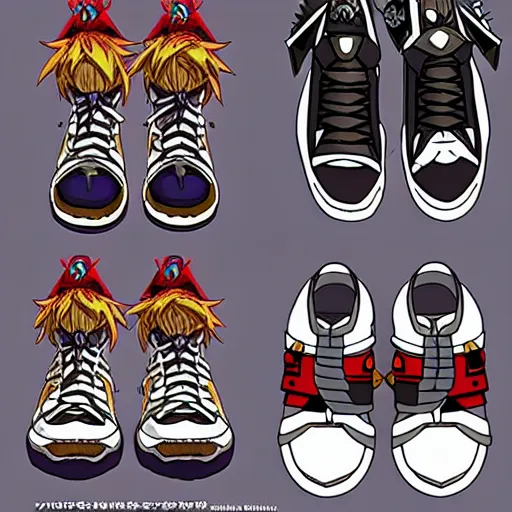 Image similar to fantasy anime jrpg sneaker design designed by studio ghibli, chrono trigger guilty gear style, aztec mayan street fashion native punk sneaker design, hip hop sneaker design with subtle mayan patterns, gapmoe yandere grimdark, trending on pixiv fanbox, painted by greg rutkowski makoto shinkai takashi takeuchi studio ghibli, akihiko yoshida