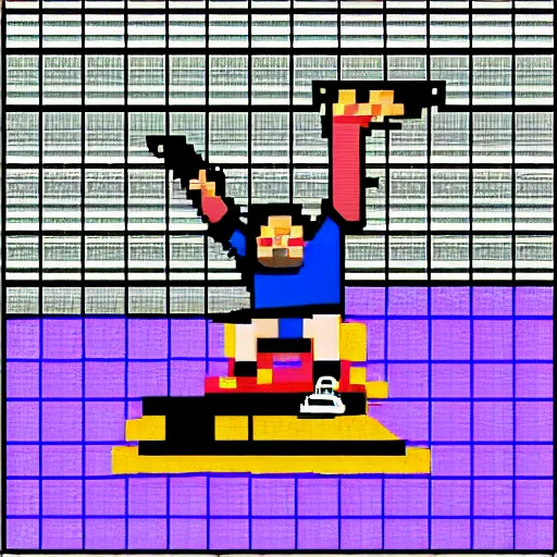 Image similar to 8-bit pixel art of Tony Hawk performing a kick flip on his skateboard