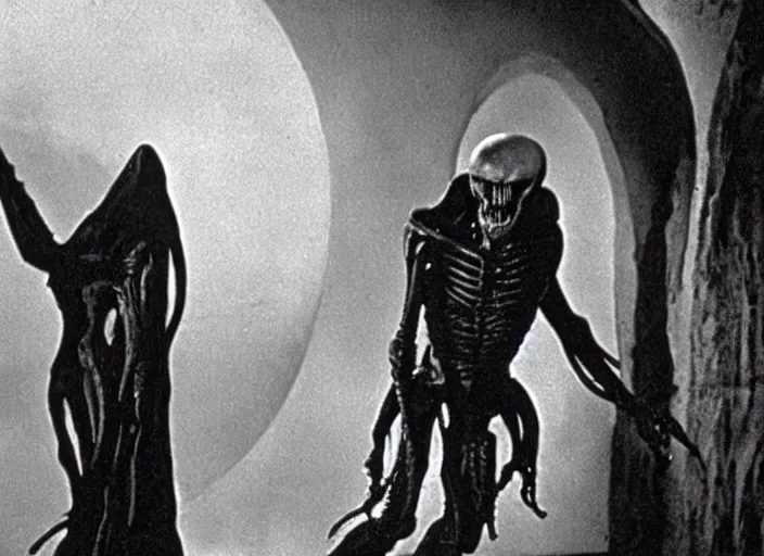 Prompt: Xenomorph in a still from the movie Nosferatu: A Symphony of Horror (1922), high quality