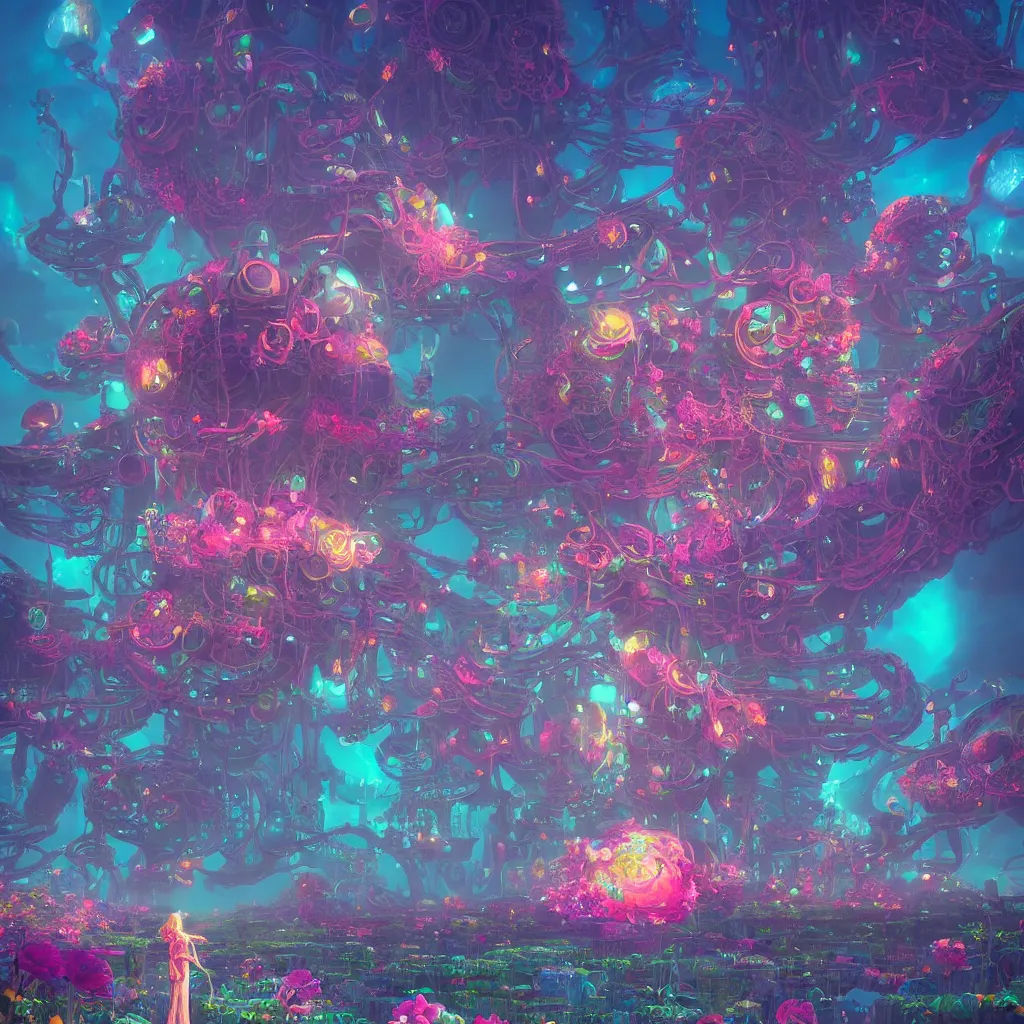 Prompt: concept art, a world full of life divine thrill of the biological tranquil sky, atoms floating, cosmic horror, gothic harts, flowers, artwork by beeple and lisa frank, fantasy art, high - detailed, 8 k, uhd