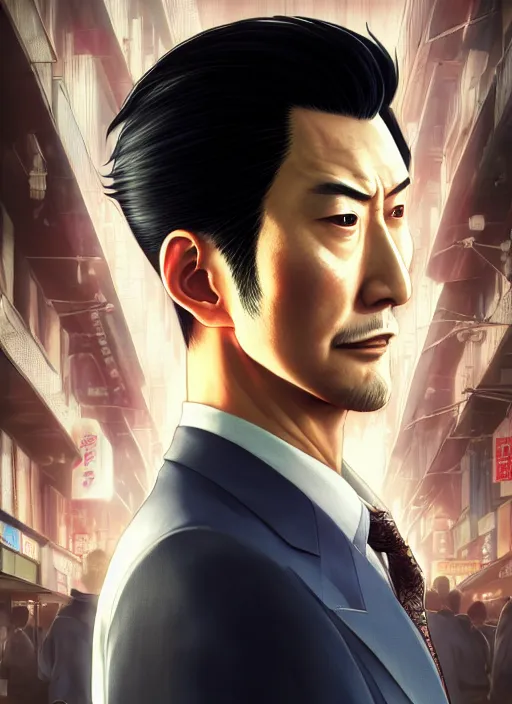 Image similar to highly detailed portrait of yakuza 0's kazuma kiryu, stephen bliss, unreal engine, greg rutkowski, loish, rhads, beeple, makoto shinkai and lois van baarle, ilya kuvshinov, rossdraws, tom bagshaw, alphonse mucha, global illumination, god rays, detailed and intricate environment