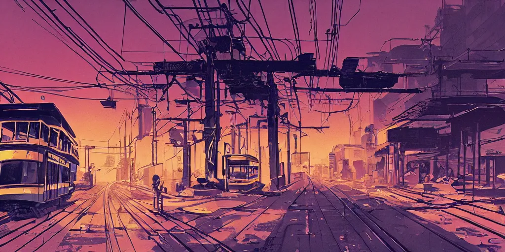 Image similar to post apocalyptic wasteland overhead wires telephone poles neon futuristic cyberpunk sunset clouds sky streetcar tram subway tunnel illustration by syd mead