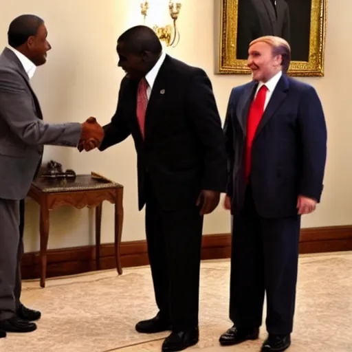 Image similar to a monkey in a jacket shakes hands with the president, a political channel, news.