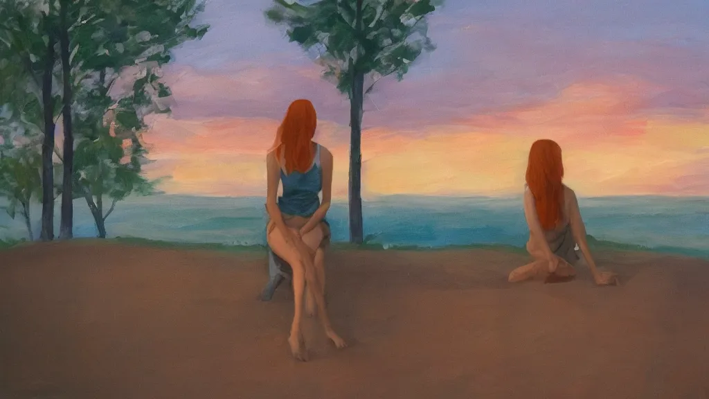 Prompt: tall redhead woman watching the horizon in summer evening heatwave, luminism art