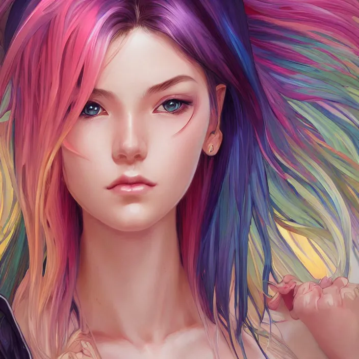 Image similar to portrait of beautiful symmetrical anime girl, rainbow hair, attractive, casual, modern, victoria's secret, highly detailed, digital painting, artstation, concept art, smooth, sharp focus, illustration, art by artgerm, greg rutkowski and alphonse mucha, 8 k,