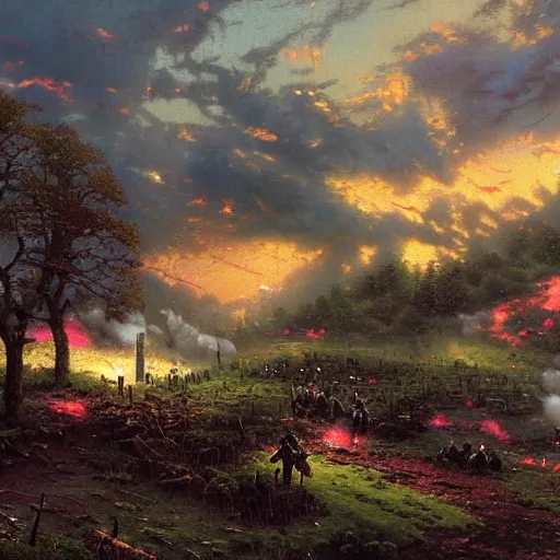 Prompt: Thomas Kinkade painting of a battlefield after battle, overcast weather, dark, ground is stained with blood and corpses lay around