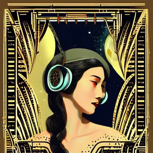 Image similar to intricate, amazing, art deco, retro vintage and romanticism, painting by natelle quek, soft color palette, highly detailed, godess with headphones from space sci - fi of ancient religion