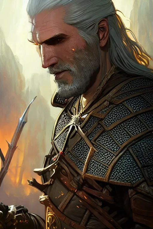 Image similar to geralt the witcher 3 d & d fantasy intricate elegant highly detailed digital painting artstation concept art matte sharp focus illustration hearthstone art by artgerm art by greg rutkowski art by alphonse mucha