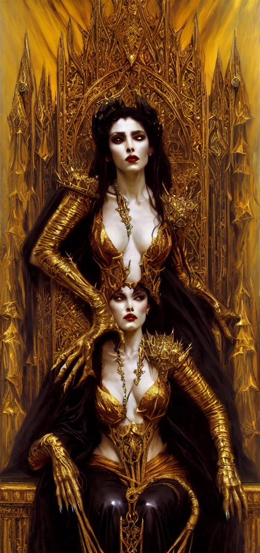 Image similar to full body portrait of beautiful vampire queen in gold gothic robes sitting on a throne of bones, elegant, highly detailed painting by gaston bussiere, craig mullins, j. c. leyendecker, 8 k, mid shot