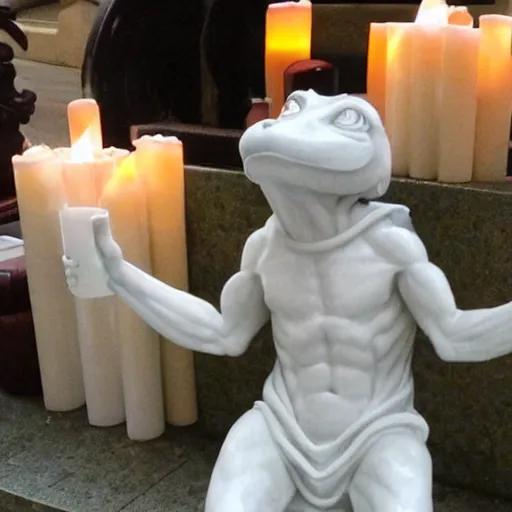 Image similar to a white marble statue of the reddit alien mascot surrounded by lit candles