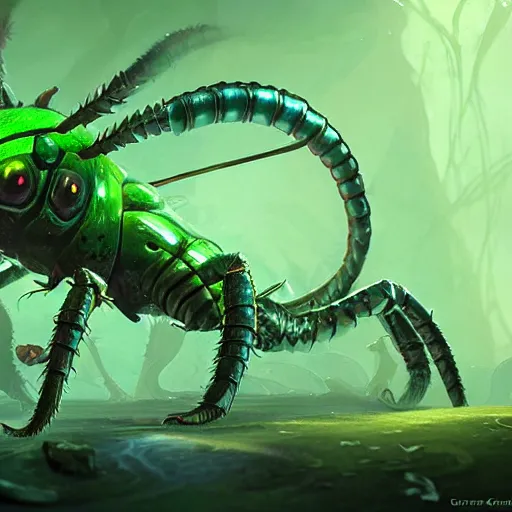 Image similar to a giant glowing worm beetle, worm monster, worm beetle, horned beetle, horned beetle, green theme, bright art masterpiece artstation. 8 k, sharp high quality artwork in style of jose daniel cabrera pena and greg rutkowski, concept art by tooth wu, blizzard warcraft artwork, hearthstone card game artwork, horned worm