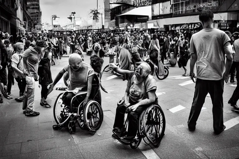 Image similar to riot of paraplegic people, street photography, detailed realistic photography