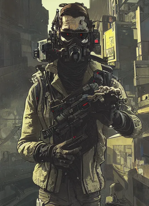 Image similar to cyberpunk blackops spy. vernon. stealth tech. portrait by ashley wood and alphonse mucha and laurie greasley and josan gonzalez and james gurney. spliner cell, apex legends, rb 6 s, hl 2, d & d, cyberpunk 2 0 7 7. realistic face. dystopian setting.