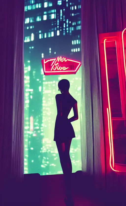 Image similar to vertical movie frame, silhouette of a girl in 7 0's retro club, editorial, fashion, neon - decorated urban on night in the city seen through the window, modern architecture design, vintage, night, blade runner, dark, clean lines, asian futuristic city at distance, big windows, octane, wide angle